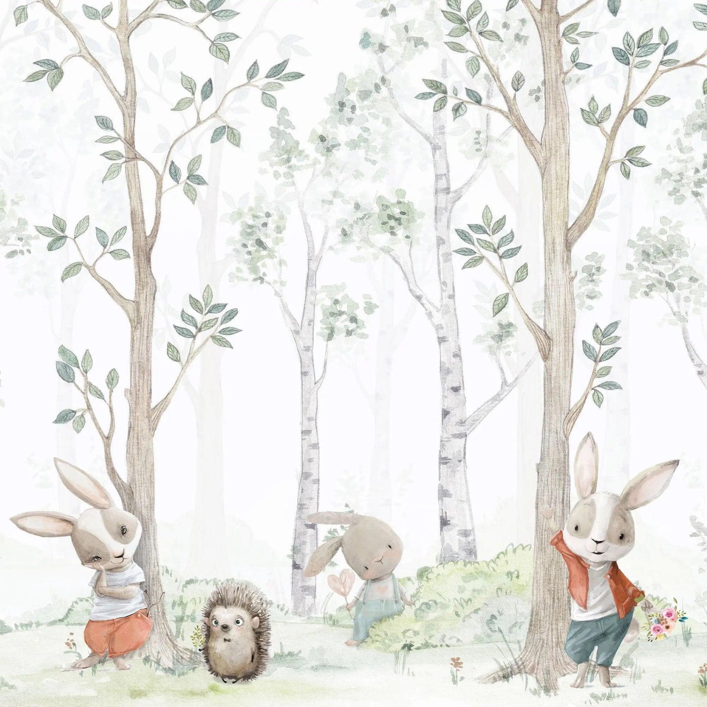 Papier peint enfant forêt de bouleaux aquarelle avec des lapins