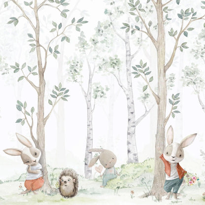 Kindertapete Birken­wald Aquarell mit Hasen