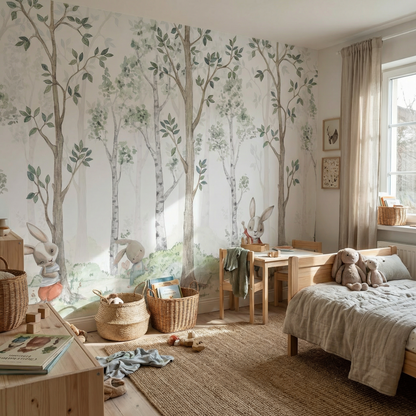 Kindertapete Birken­wald Aquarell mit Hasen