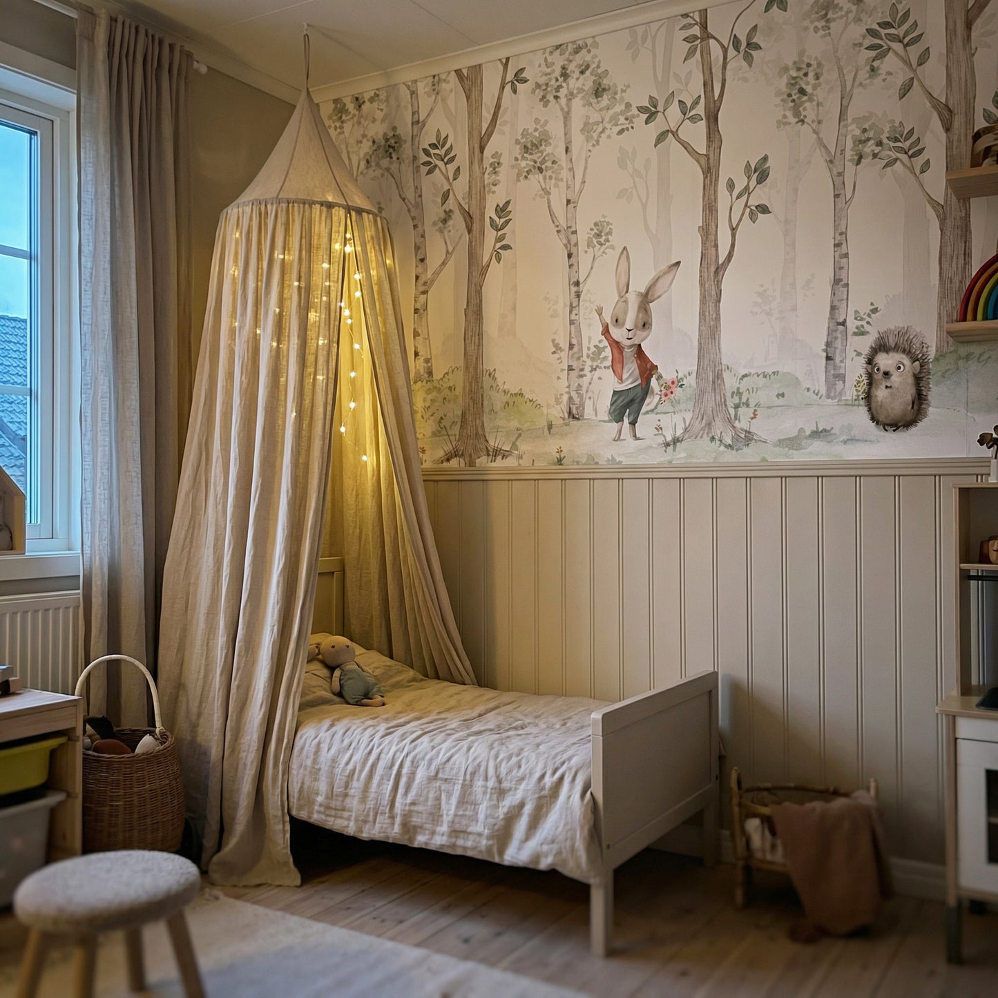 Papier peint enfant forêt de bouleaux aquarelle avec des lapins