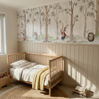 Kindertapete Birken­wald Aquarell mit Hasen