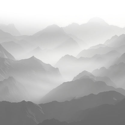Maßangefertigte Vliestapete mit Aquarell-Berglandschaft und Nebel im minimalistischen Esszimmer.