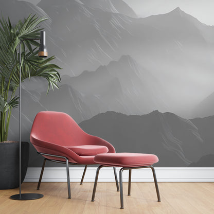 Maßangefertigte Vliestapete mit Aquarell-Berglandschaft und Nebel im minimalistischen Esszimmer.