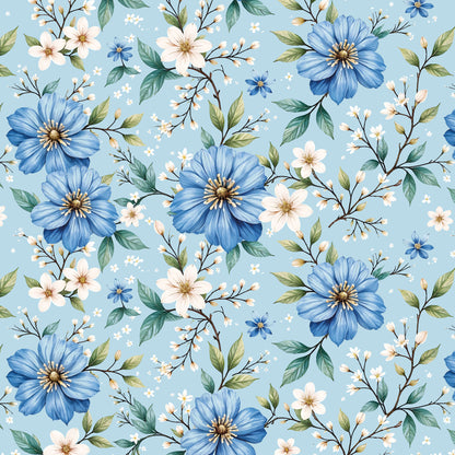 Maßangefertigte Vliestapete mit blauen Blumen und grünen Blättern im modernen Wohnzimmer.