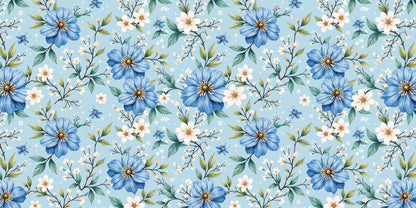 Maßangefertigte Vliestapete mit blauen Blumen und grünen Blättern im modernen Wohnzimmer.