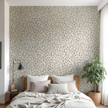Maßangefertigte Vliestapete mit zartem, pastellfarbenem Blumen- und Blättermuster in neutralem Baby- oder Kinderzimmer.