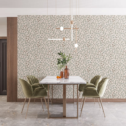 Maßangefertigte Vliestapete mit zartem, pastellfarbenem Blumen- und Blättermuster in neutralem Baby- oder Kinderzimmer.