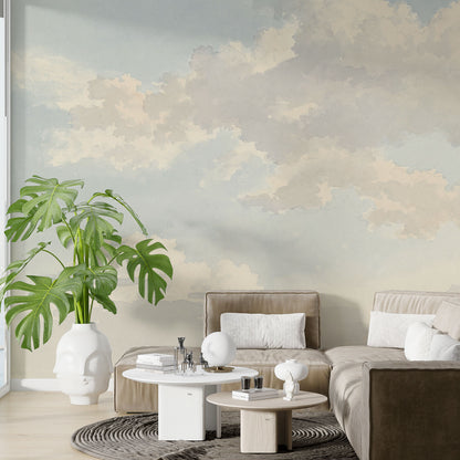 Maßangefertigte Vliestapete mit pastellblauen und beige Wolken in Aquarelloptik im Esszimmer.