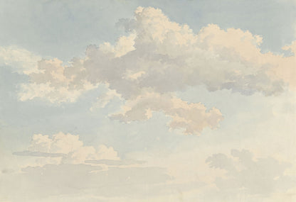 Maßangefertigte Vliestapete mit pastellblauen und beige Wolken in Aquarelloptik im Esszimmer.