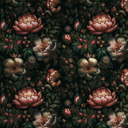 Maßangefertigte Vliestapete mit dunklem, floralem Blumen- und Blätter-Stickmuster in Wohnzimmer-Esszimmereinrichtung.