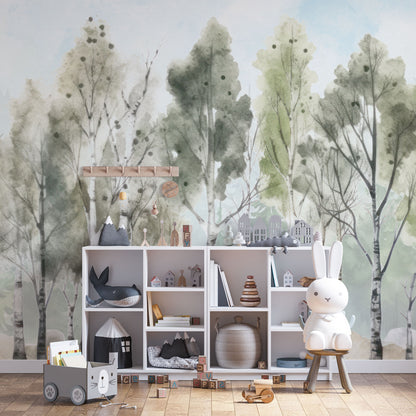 Maßangefertigte Vliestapete mit Aquarell-Birkenwald in Pastellfarben für Kinderzimmer.