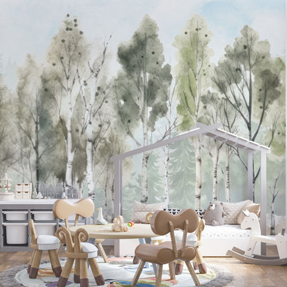 Maßangefertigte Vliestapete mit Aquarell-Birkenwald in Pastellfarben für Kinderzimmer.