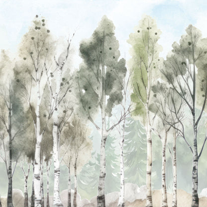 Maßangefertigte Vliestapete mit Aquarell-Birkenwald in Pastellfarben für Kinderzimmer.