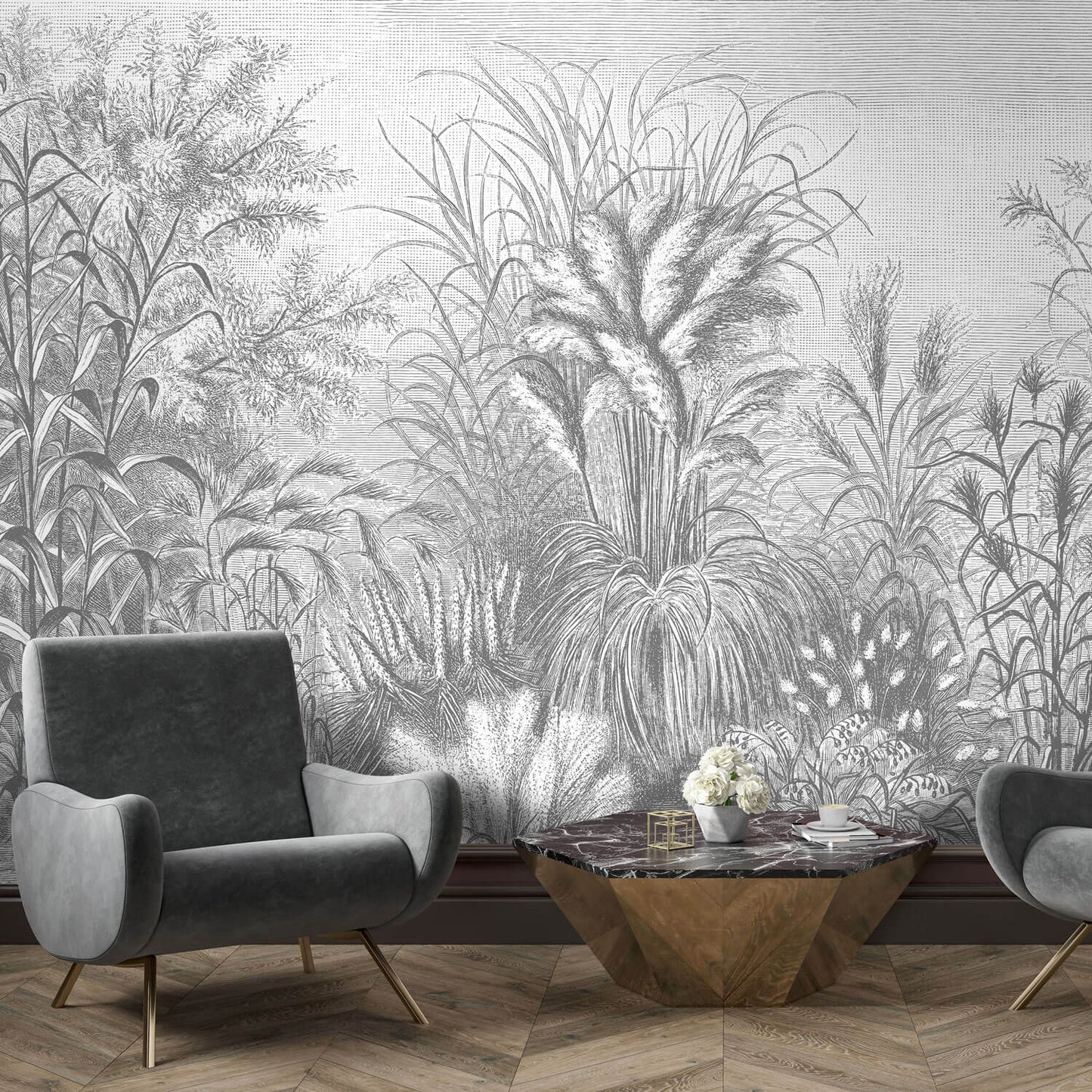 Sitzbereich mit heller Tapete mit Gräsern und Pflanzen. Davor steht ein grauer Sessel und ein kleiner Marmor Besitelltisch.