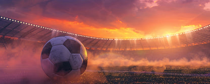 Maßangefertigte Vliestapete mit Fußballstadion, Spielfeld und Sonnenuntergang im Kinderzimmer.