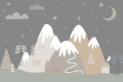 Maßangefertigte Vliestapete mit grafischen Bergen, Bäumen, Haus, Mond und Sternen in Pastell für Kinderzimmer.