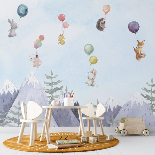 Children's Wallpaper Mountains And Animals Watercolor