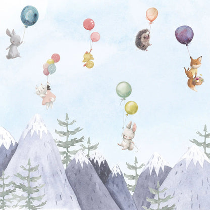 Kindertapete Ber­ge und Tie­re Aquarell