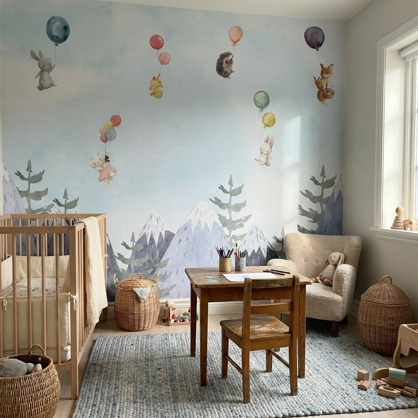 Kindertapete Ber­ge und Tie­re Aquarell