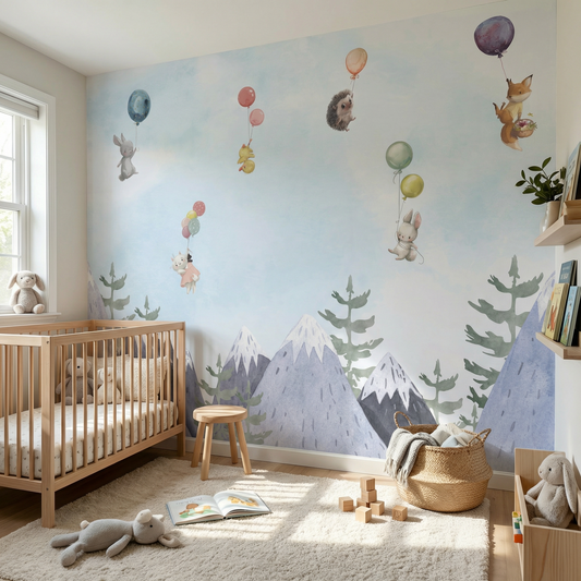 Kindertapete Ber­ge und Tie­re Aquarell