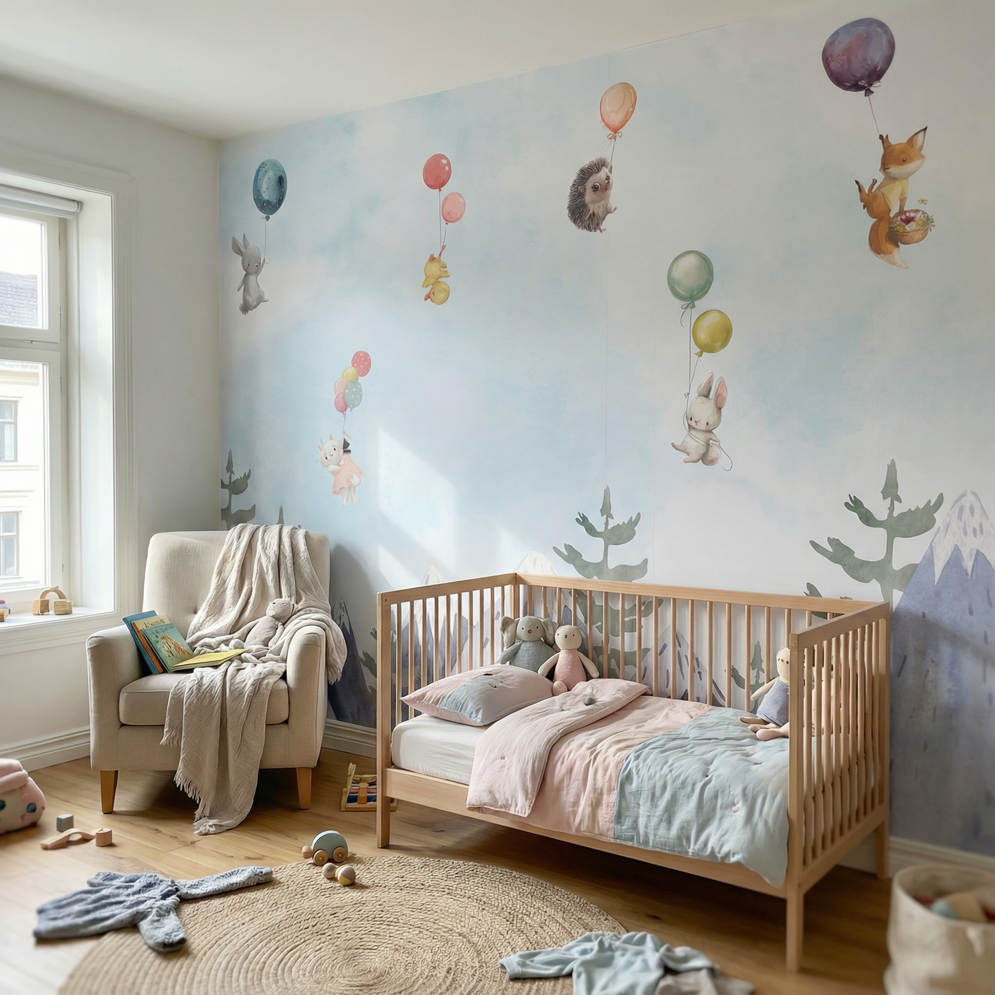 Kindertapete Ber­ge und Tie­re Aquarell