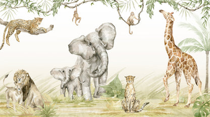 Maßangefertigte Vliestapete mit Aquarell-Safari-Motiv, Elefanten, Geparden und Affen an Lianen in Pastellfarben.