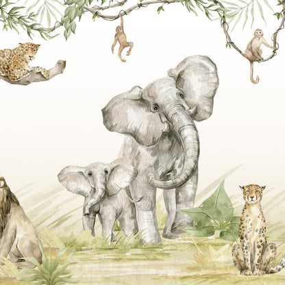 Maßangefertigte Vliestapete mit Aquarell-Safari-Motiv, Elefanten, Geparden und Affen an Lianen in Pastellfarben.