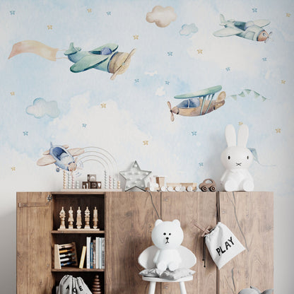 Maßangefertigte Vliestapete mit aquarellierten Flugzeugen, Wolken und Sternen für Kinderzimmer.