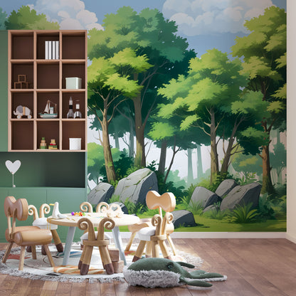 Maßangefertigte Vliestapete mit comicartigem Waldmotiv, grünen Bäumen und Felsen für Kinderzimmer.