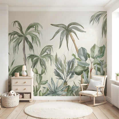 Maßangefertigte Vliestapete mit pastellfarbenen Palmen und Blättern für Kinderzimmer.