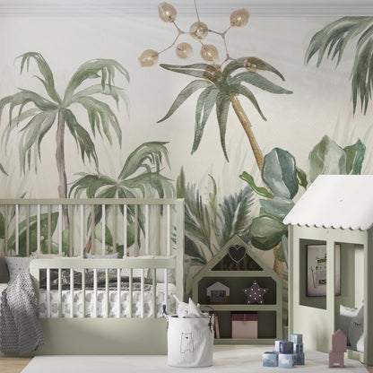 Maßangefertigte Vliestapete mit pastellfarbenen Palmen und Blättern für Kinderzimmer.