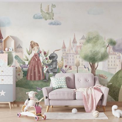 Maßangefertigte Vliestapete mit Märchenmotiv, Prinzessin, Ritter und Burg in Aquarellpastellfarben.
