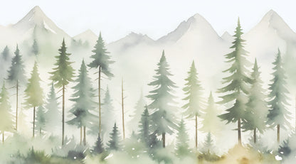 Maßangefertigte Vliestapete mit Aquarell-Nebelwald, Tannen und Bergen in Pastell für Kinderzimmer.