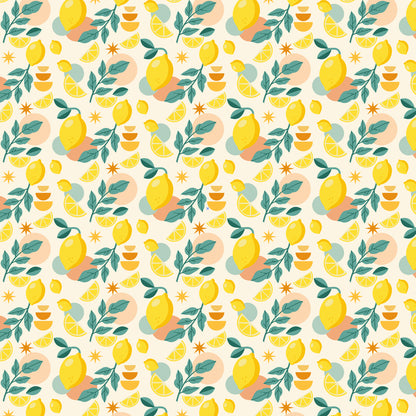 Maßangefertigte Vliestapete mit gelben Zitronen und grünen Blättern, pastellfarbenes botanisches Muster in moderner Küche.