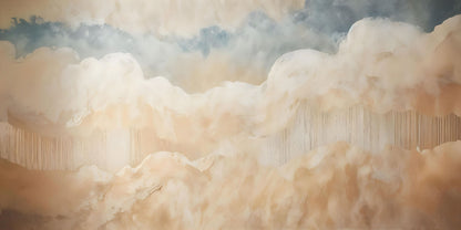 Maßangefertigte Vliestapete mit abstrakten, pastellfarbenen Wolken in Aquarelloptik über Holzsideboard.