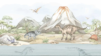 Maßangefertigte Vliestapete mit pastellfarbenen Dinosauriern, Vulkan und Bergen im Aquarellstil für Kinderzimmer.