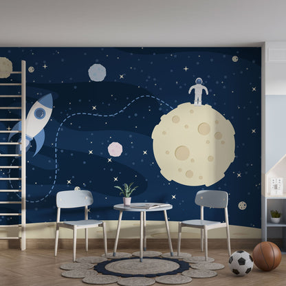 Maßangefertigte Vliestapete mit dunkelblauem Weltraumdesign, Astronaut auf Mond, Rakete, Sterne und Planeten, glatt und.
