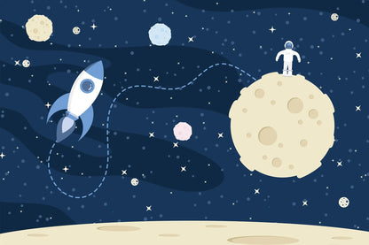 Maßangefertigte Vliestapete mit dunkelblauem Weltraumdesign, Astronaut auf Mond, Rakete, Sterne und Planeten, glatt und.