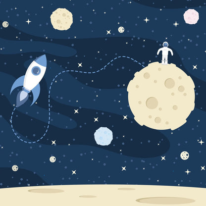 Maßangefertigte Vliestapete mit dunkelblauem Weltraumdesign, Astronaut auf Mond, Rakete, Sterne und Planeten, glatt und.