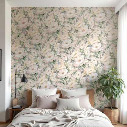 Maßangefertigte Vliestapete mit pastellfarbenen Blumen und Blättern im Aquarellstil im Schlafzimmer.