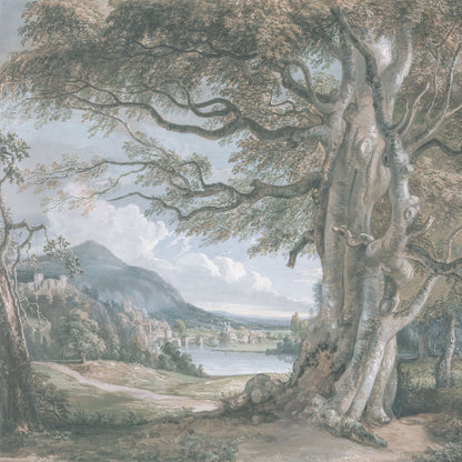 Maßangefertigte Vliestapete mit natürlicher Berglandschaft, Fluss, Bäumen und wolkigem Himmel in sanften Vintagefarben.