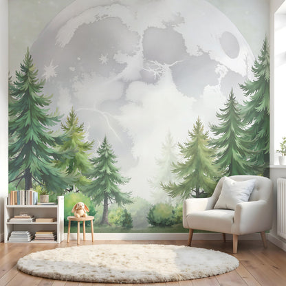 Maßangefertigte Vliestapete mit pastellfarbenem Tannenwald und großem Mond im Kinderzimmer.