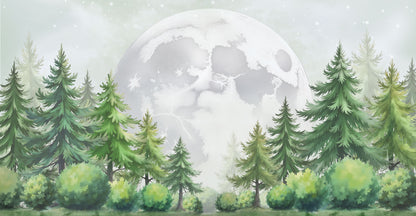 Maßangefertigte Vliestapete mit pastellfarbenem Tannenwald und großem Mond im Kinderzimmer.