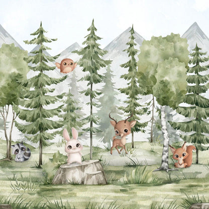 Maßangefertigte Vliestapete mit pastellfarbenem Aquarellwald, Tannen und Waldtieren wie Hase, Reh, Waschbär und Eichhörnchen .