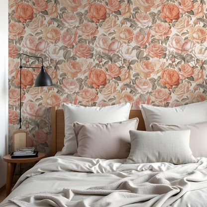 Maßangefertigte Vliestapete mit vintage Rosenmuster in Pastellfarben an Arbeitszimmerwand.