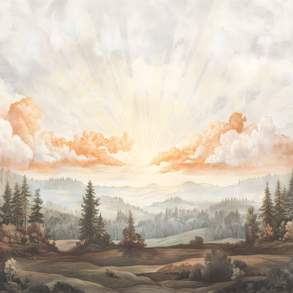 Maßangefertigte Vliestapete mit Aquarell-Motiv von Wald, Tannen und Sonnenaufgang in Pastellfarben.