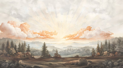 Maßangefertigte Vliestapete mit Aquarell-Motiv von Wald, Tannen und Sonnenaufgang in Pastellfarben.