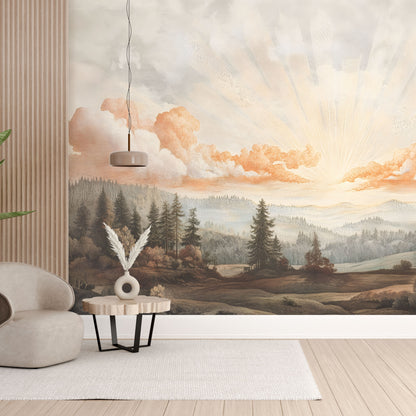 Maßangefertigte Vliestapete mit Aquarell-Motiv von Wald, Tannen und Sonnenaufgang in Pastellfarben.