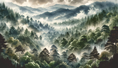 Maßangefertigte Vliestapete mit Aquarell-Waldlandschaft und nebelverhangenen Hügeln im Wohnzimmer.