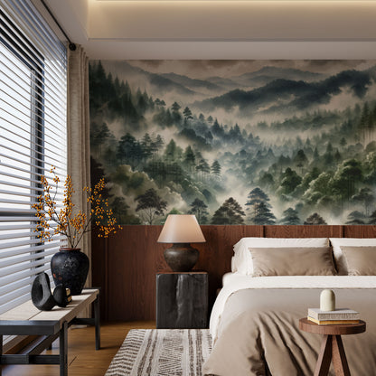 Maßangefertigte Vliestapete mit Aquarell-Waldlandschaft und nebelverhangenen Hügeln im Wohnzimmer.
